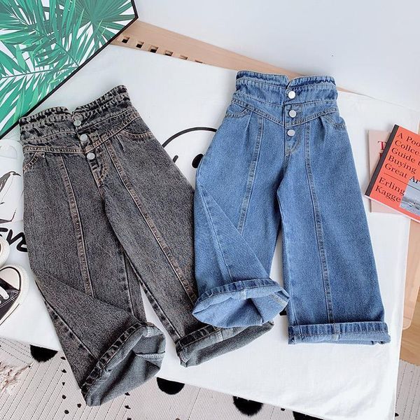 Jeans per bambini Pantaloni a gamba larga Autunno Inverno Personalità Moda Ragazze Jeans a vita alta Elastico in vita Tasca con bottoni Jeans casual 230830