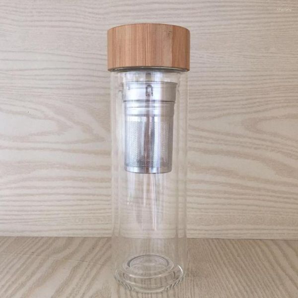 Weingläser 25 teile/los 400 ml Bambus Deckel Doppelwandige Glas Tee Tumbler Inklusive Sieb Und Infuser Korb Lin4580