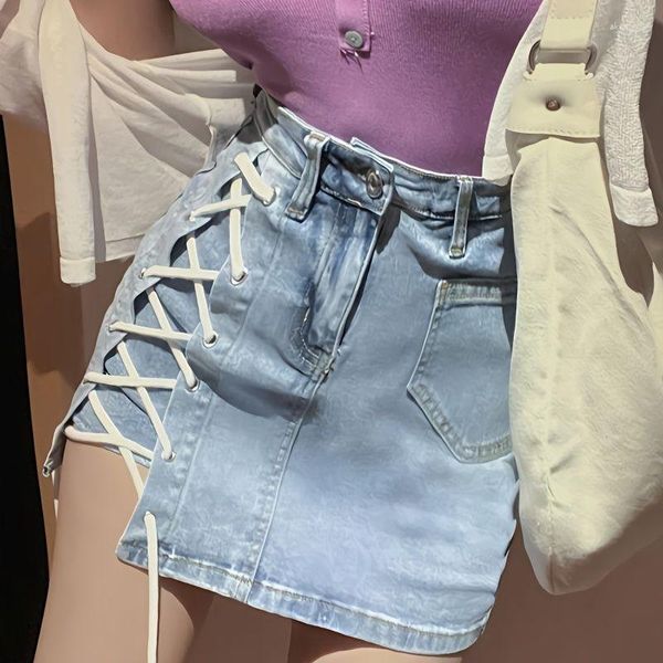 Saias Casual Verão Cintura Alta Split Wrap Hip Meia Saia Mulher Irregular Lace-up Skinny Denim Shorts A-Line