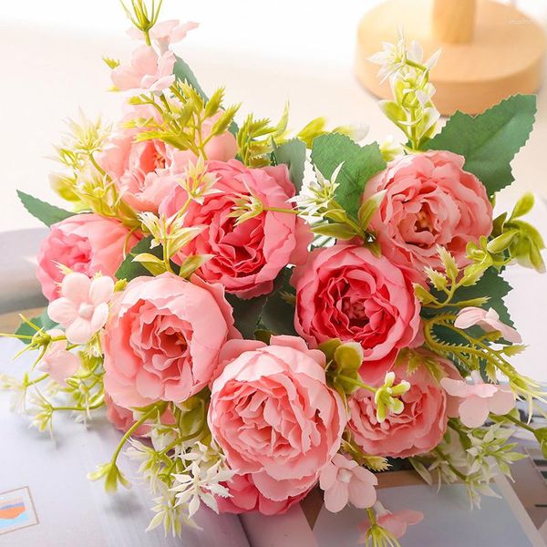 Fiori decorativi 33 cm Bouquet di peonie artificiali a 5 teste Matrimonio Sposa con rose Camera da letto Decorazione da tavolo per ufficio Decorazioni per la casa in seta
