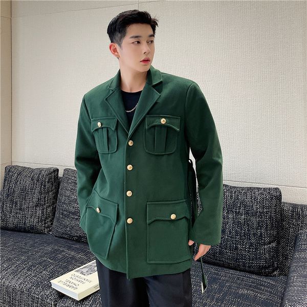 Giacche da uomo Autunno stile coreano unico con giacche di lana dal design a cintura da uomo casual giacca verde allentata MXL 230831