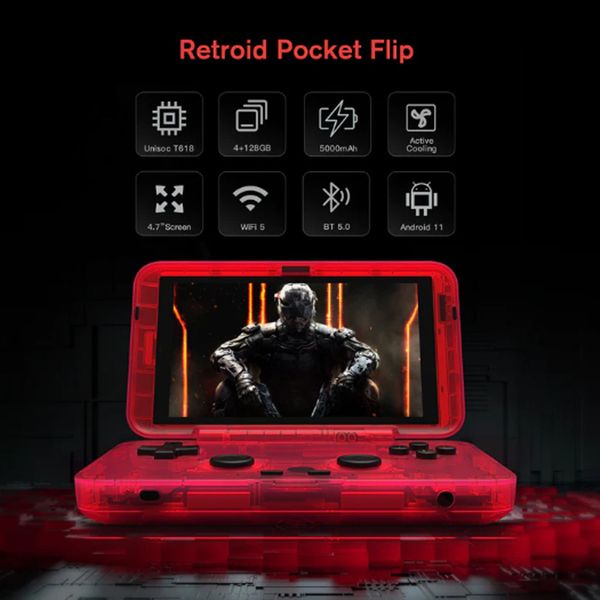 Портативные игровые игроки Retroid Pocket Flip 47Inch сенсорного экрана портативная плеера 4G128G Wi -Fi Android 11 Videosole 5000mah Активное охлаждение 230830