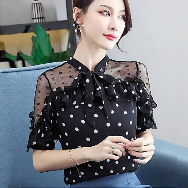 Frauen Blusen Mode Rüschen Polka Dot Aushöhlen Gaze Bogen Bluse Weibliche Kleidung 2023 Sommer Herbst Casual Tops Süße hemd