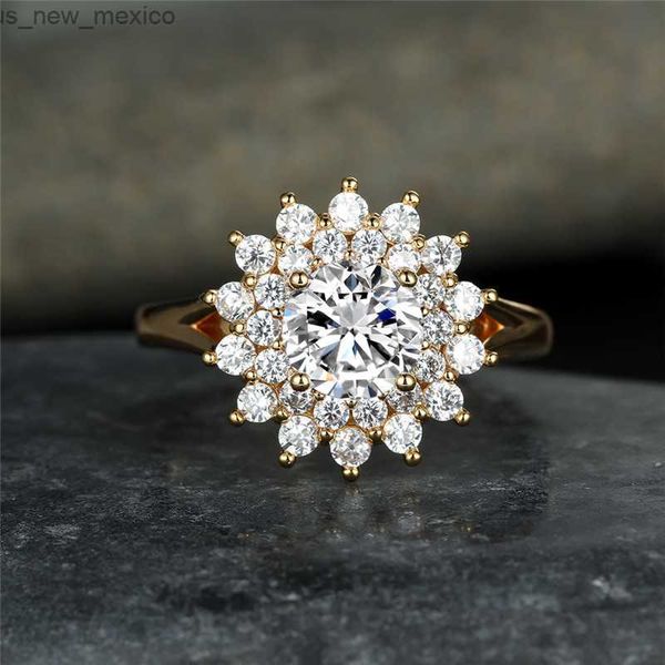 Anéis de banda moda ouro prata cor anel de casamento feminino luxo cristal flor anel branco grande pedra redonda anéis de noivado para mulher r230831