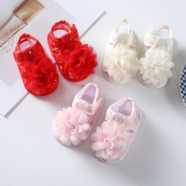 Primi camminatori nati sandali con fiori estivi per bambina, suola morbida, ricami prewalker, scarpe casual per neonati, con fasce abbinate