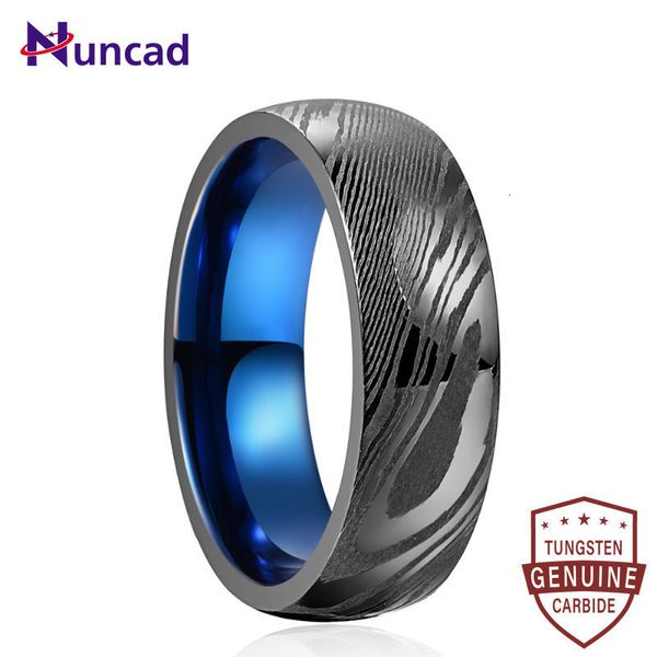 Обручальные кольца Nuncad 8mm Gun Grey Damascus Стальное синее кольцо для мужчин обручальные кольца размеры 7-12 230831