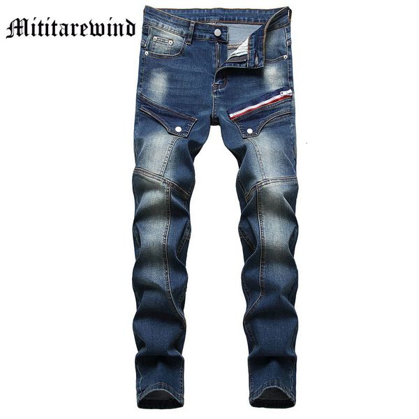 Jeans da uomo patchwork impiombato moda americana Y2k pantaloni slim vintage lavaggio retrò casual multi-porkets design pantaloni in denim maschile 230831