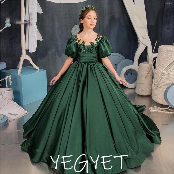 Vestidos de menina inchados flor verde vestido bonito princesa primeira comunhão boné manga festa de casamento