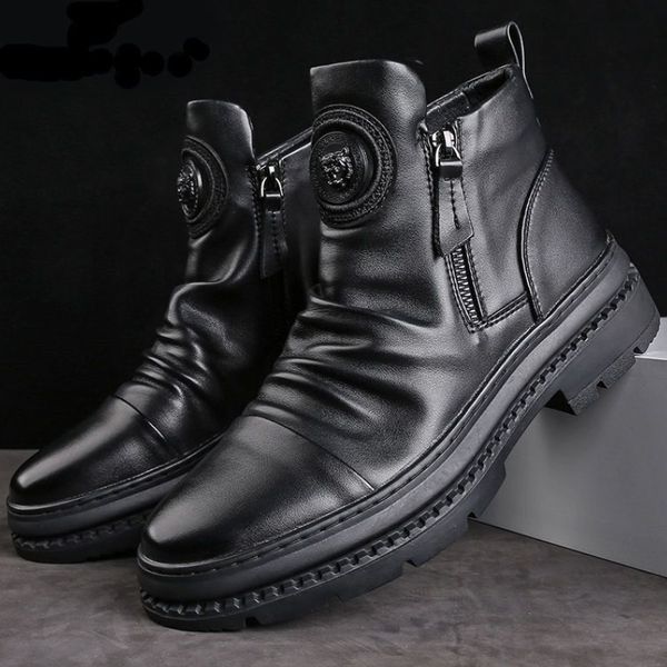 Stivali Stivali da moto in pelle da uomo Stile britannico Testa tonda Scarpe alte con cerniera laterale Stivali con plateau casual da passeggio Bota Masculina 230831