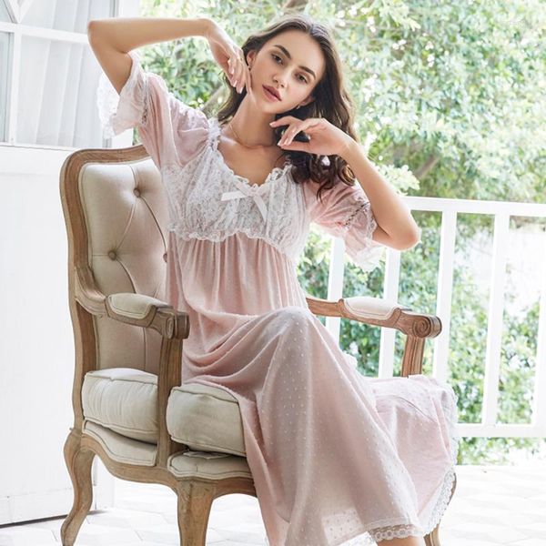 Mulheres sleepwear camisola mulheres algodão renda vestido longo romântico verão princesa estilo doce