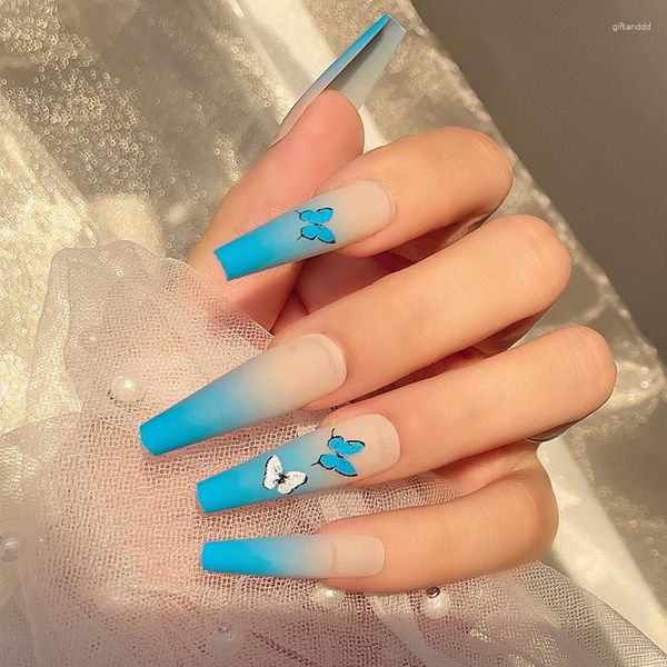 False Nails Blue Butterfly Glassato in stile balletto lungo il miglioramento delle unghie artificiale in Europa e America