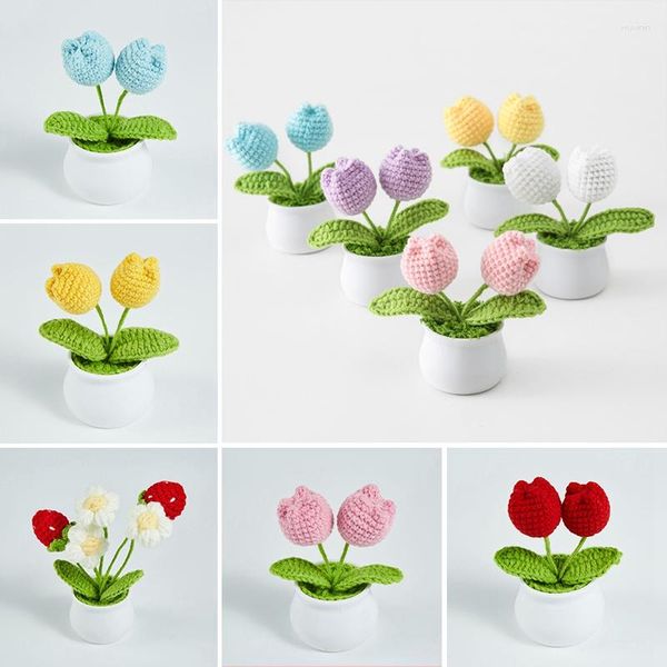 Flores decorativas mão tecido vaso tulipa crochê plantas de malha flor para sala estar presentes aniversário artesanal decoração desktop