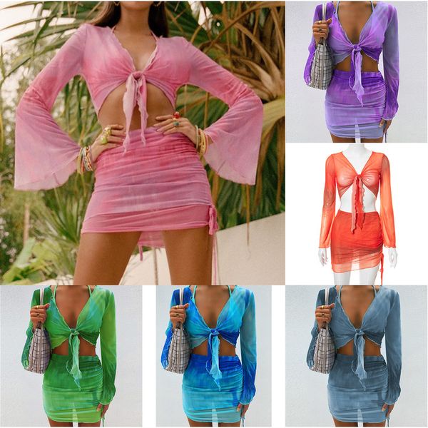 Abito a due pezzi Set sexy multicolore Tie Dye Mesh Crop Top Cardigan Mini gonne Abbigliamento da spiaggia Abiti da vacanza Estate 230830