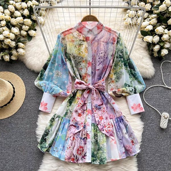 Été piste bohême Mini robe femmes col montant lanterne manches Colorblock simple boutonnage volants robe de plage 20232522