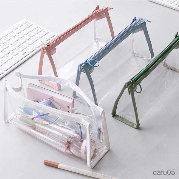 Brinquedos de aprendizagem caso lápis transparente grande capacidade simples caneta saco kawaii saco cosmético escola estudo papelaria material escritório r230822