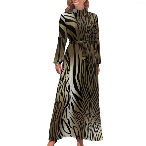 Vestidos casuais clássico tigre impressão vestido cintura alta design de pele animal bohemia manga longa moda maxi roupas elegantes