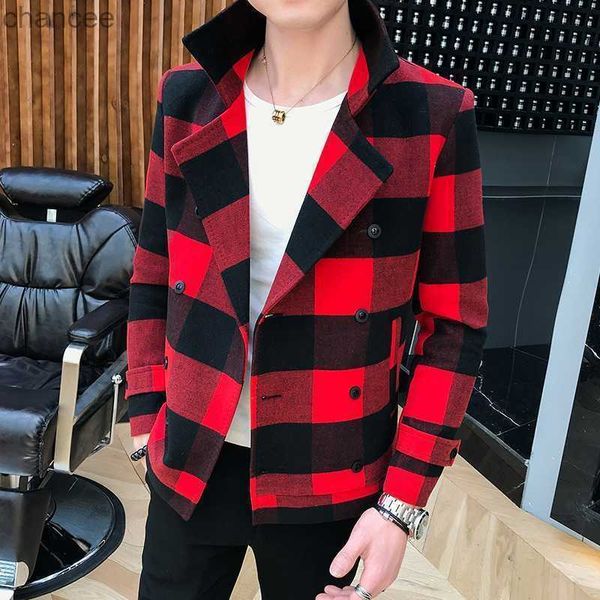 Новый стиль двухбортный траншевый пальто Veste Homme Fashion Retro Tartan Jacket осень и зимние мужчины Slim Short Woolen Poat S-5XL HKD230831