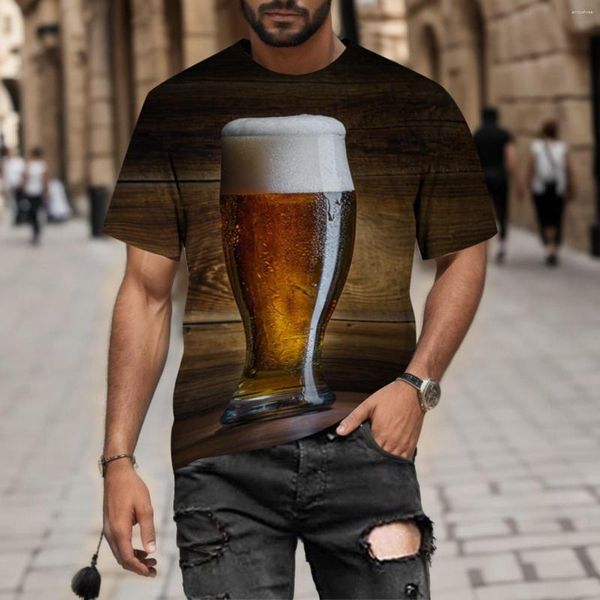 Homens camisetas Homens longos 2023 em torno do pescoço solto moda rua cerveja bolha 3d digital impresso e manga feminina atlética