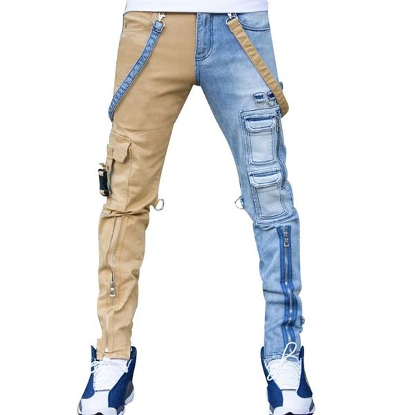 Jeans masculinos high street macacões retos homens oversized hip-hop amarelo azul denim calças moda masculina casual jean223k