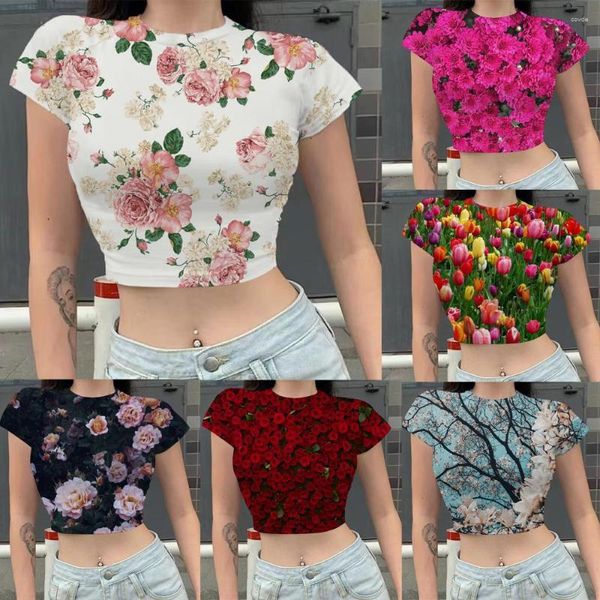 Mulheres Camisetas Hoxixib T-shirt Body Building Cintura Alta Tops Sexy Slim Crop Top Tulipa Impressão 3D Rosa Camisa Esportes Kawaii Blusa Feminina