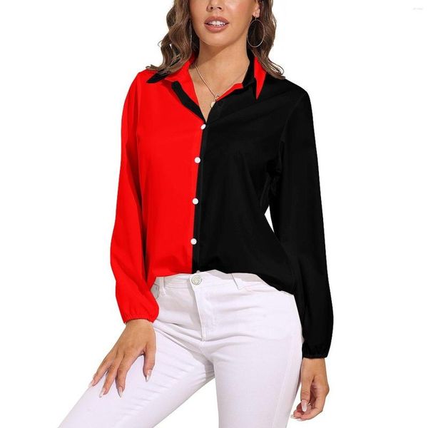 Damenblusen Zweifarbige Zirkusbluse Rot und Schwarz Retro Custom Damen Langarm-Freizeithemden Herbst Oversize-Top