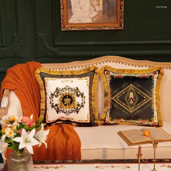 Kissen 45/55 cm Luxus-Court-Stil Schwarz Weiß Doppelseitig bedruckter Bezug Samt-Kissenbezug Sofaüberwurf Goldene Quaste