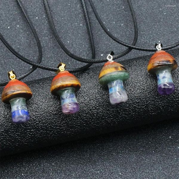 Encantos 7 chakra mini cogumelo pedra natural pingente de cristal cura energia potenciador paz amuleto colorido moda colar jóias