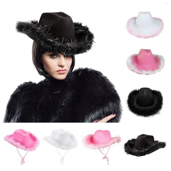 Berets Personalidade Fluffy Feather Brim Chapéu de Cowboy Largo Rosa Cowgirl All-Match para Mardi Gras Rave Jogando Dress Up Acessórios