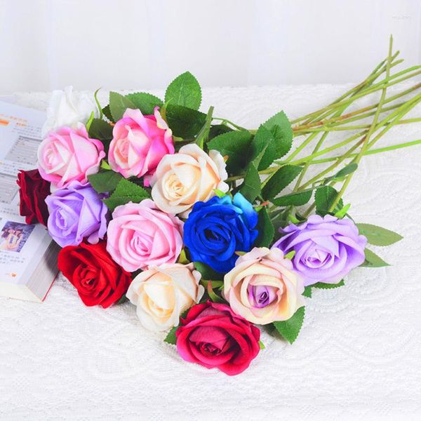 Flores decorativas 3 peças de seda flor artificial rosas festa de casamento casa arranjo diy para sala de estar quarto decoração de escritório