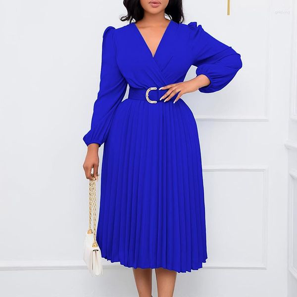 Plus Size Kleider Elegant Solide Plissee Party Damen Kleidung Herbst Winter Mode Büro Damen V-Ausschnitt Langarm Midikleid