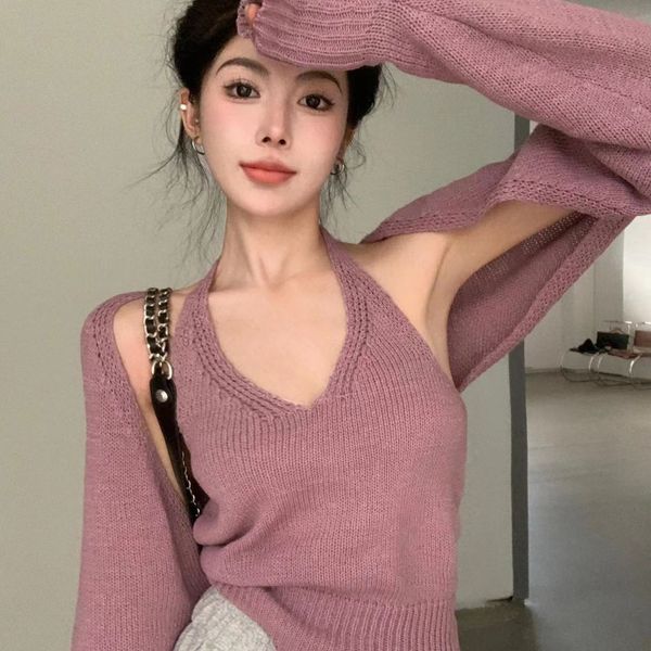 Suéteres femininos 2023 design coreano moda manga comprida top cortado e colete fino atacado 230831