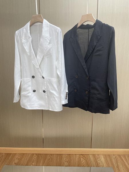Ternos femininos femininos misturas de linho blazer beading corrente branco ou preto duplo breasted fino 2023 outono feminino terno casaco com bolsos