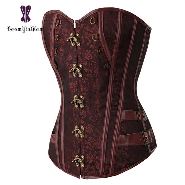 Vita Trainer Broccato Steampunk Jacquard Ecopelle Borchiato Overbust Corsetto marrone Bustier con catene S-6XL 916 # 263A