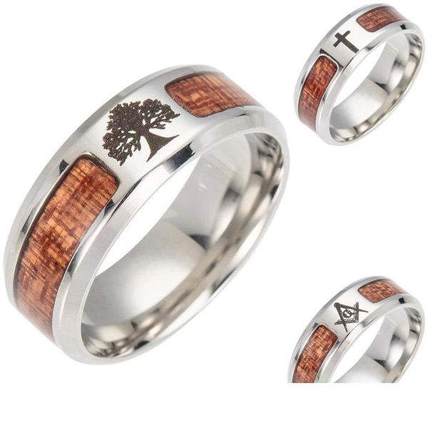 Anéis de banda Árvore da vida Cruz maçônica madeira para homens mulheres aço inoxidável nunca desbota anel de dedo de madeira moda jóias em bk drop deli dhc0m