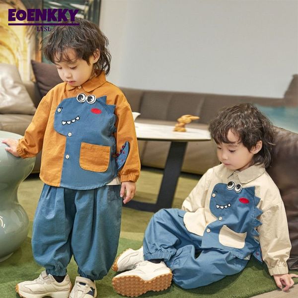Conjuntos de roupas para meninos conjunto primavera outono crianças moda camisa coreano roupas casuais dinossauro camisas calças duas peças 2023 tendência 230830