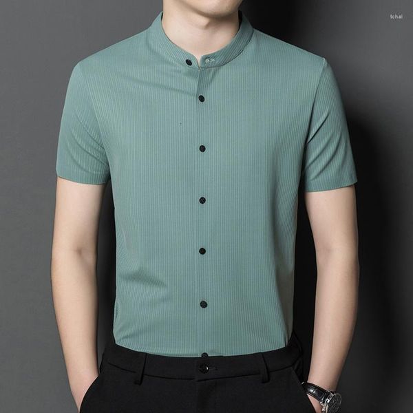 Erkekler sıradan gömlekler iş kısa kollu gömlek yaz ince klasik stand yaka moda şerit elastik üstleri marka giysileri siyah yeşil