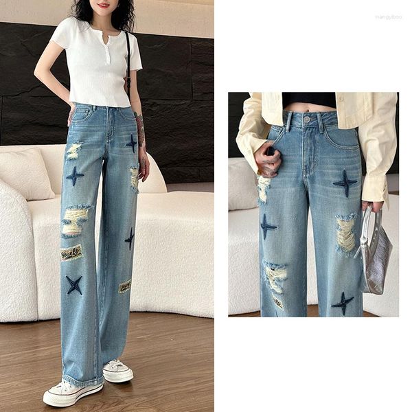 Jeans da donna 2023 Primavera/Estate Taglio sottile Foro Gamba larga Piccolo supporto Vita alta Slim Versatile Pantaloni dritti spazzatrice