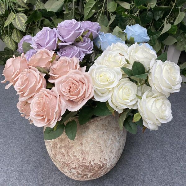 Flores decorativas única simulação multi cabeça buquê de rosas decoração de casamento plantas artificiais arranjo pogal adereços falsos
