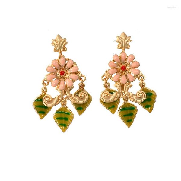 Orecchini pendenti vintage a goccia con fiore a forma di cerchio rotondo, carino colore rosa, cristallo, foglia verde, gioielli per ragazze