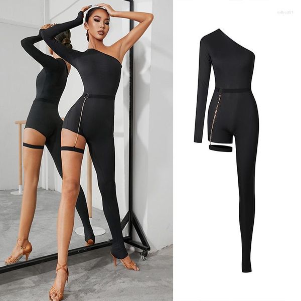 Stage Wear Sexy Slant Spalla One-Sleeve-Leg Design Latin Dance Tuta Donna Rumba Salsa Abbigliamento Pantaloni neri DNV17152