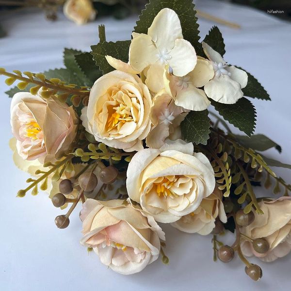 Flores decorativas 6 cabeças buquê de rosas artificiais peônia de seda vaso de casamento de alta qualidade escritório el mesa peça central decoração de casa