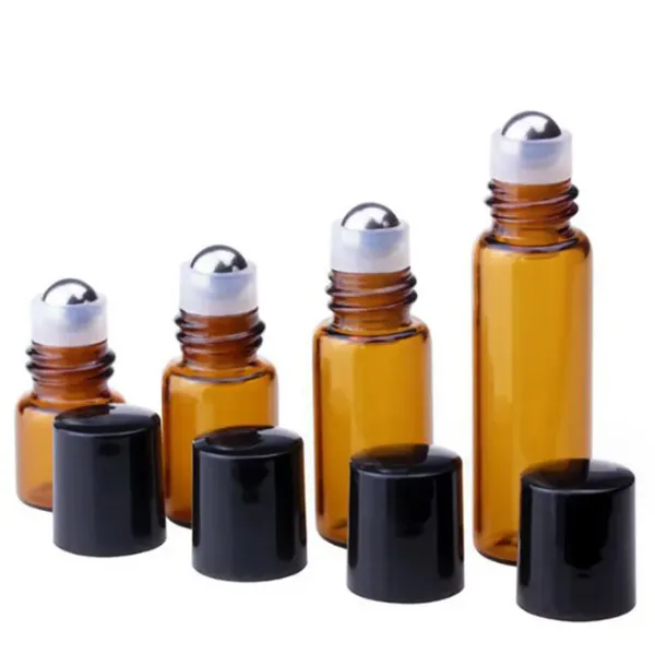 wholesale 1 ml 2 ml 3 ml 5 ml 10 ml rouleau en verre ambré sur bouteille vide huile essentielle parfum Rollon tube métal Roller Ball bouteille or couvercle voyage Portable