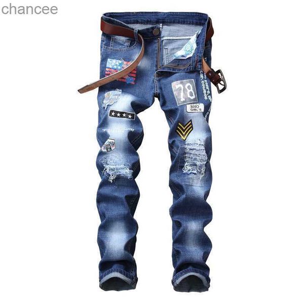 Mens de alta qualidade novo estilo jeans fino reto estiramento jeans bordado remendo crachá rasgado buraco decorações calças jeans; LST230831