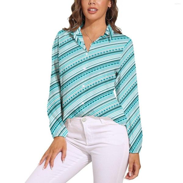 Blusas femininas retro pontos e listras blusa feminina linha azul design casual solto manga longa camisas vintage topos tamanho grande 3xl