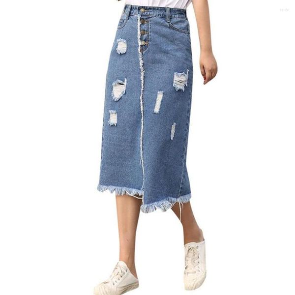 Saias Jean Long Women's Denim Maxi Saia Irregular Cintura Alta Buraco Rasgado Midi Para Mulheres