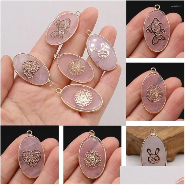 Encantos requintado jóias pedra natural pingente de cristal forma oval quartzos rosa para fazer diy colar brinco presente entrega gota encontrar dhy1j