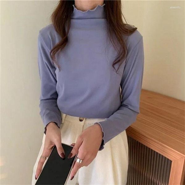 Blusas femininas outono inverno undershirt blusa feminina simples básico casual camisa inferior enrolada gola alta coreano versátil mangas compridas
