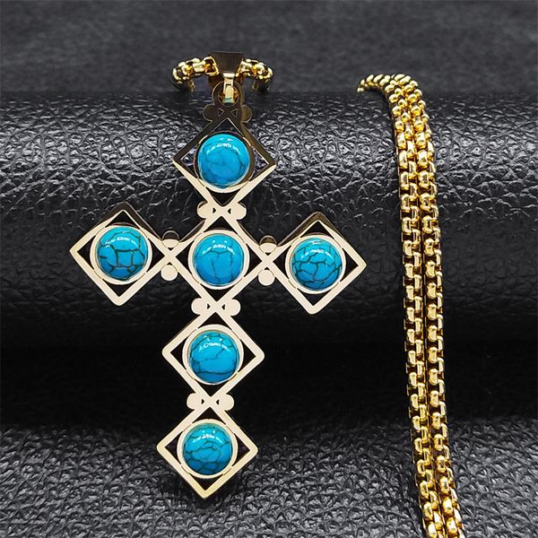 Anhänger Halsketten Boho Edelstahl Blauer Stein Halskette für Frauen Männer Kreuz Sweather Kette Lange Schmuck Reiki Heilung Geschenk NX 230831