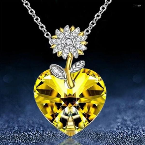 Anhänger Halsketten Sommer Gelb Herzförmige Sonnenblume Blume Pflanze Halskette Silber Farbe Schlüsselbein Kette Elegante frauen Schmuck