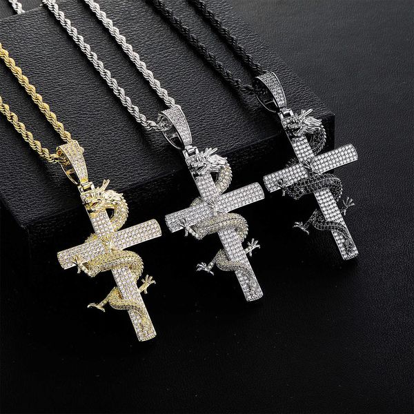 Estilo chinês China-chic Hip Hop Jewelry Diamond Dragon Cross Pingente Male Colar de Moda INS Tiktok Live Broadcast